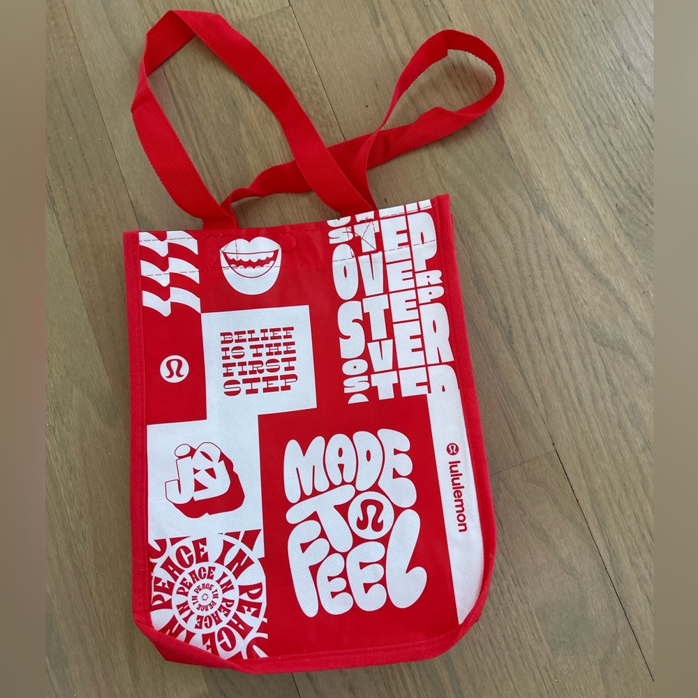 3 for $15! Lululemon bag red and white mantra print logo Smallest Size Tote